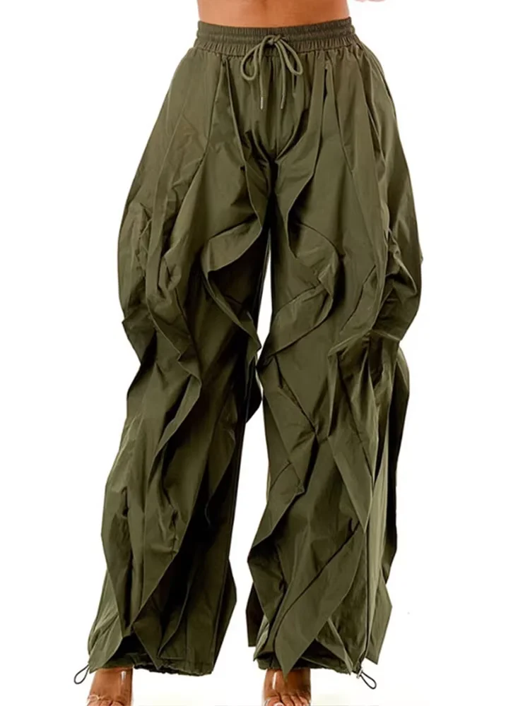 فضفاض Ruched كشكش فانوس السراويل النساء مرونة الخصر الرباط الصلبة السراويل الإناث سيدة جديدة الدانتيل يصل بانت الشارع 2025 الخريف