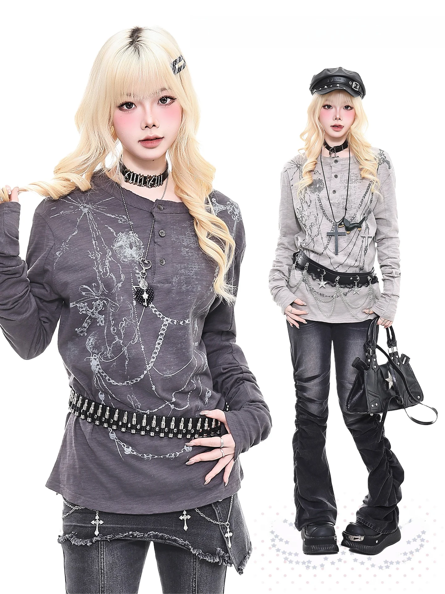 

Ретро-панк футболка с длинным рукавом и цепочкой, женская, свободного кроя, утягивающая, весенняя новинка, топ в стиле Spicy Girl, цвет оранжевый мармелад