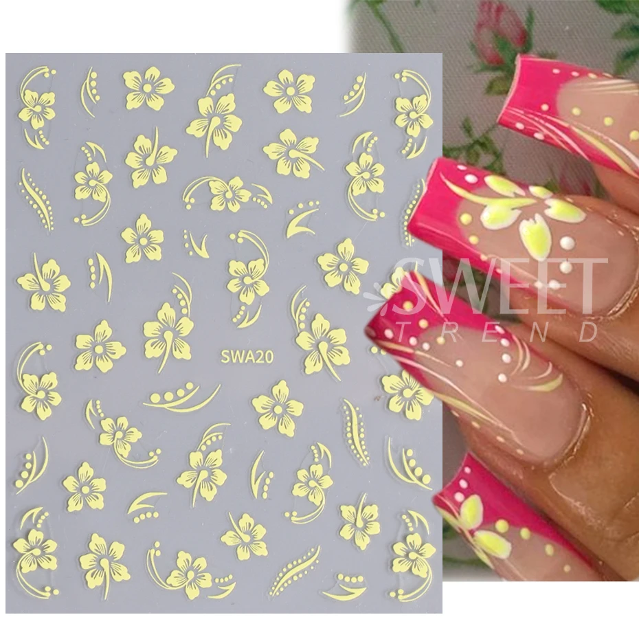 Adesivo per unghie fiore pizzo 3D Bianco Rosa Rosa Rosso Giallo Y2K Petalo floreale Gel Polish Decal Slider Decorazione manicure romantica fai da te