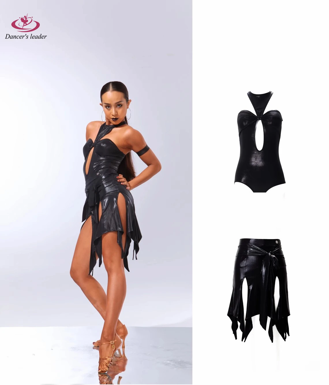 Latin Dance High end Bright Leather Personalized Hollow Neck Top Bright Leather Lace up Split Skirt Dance Clothing