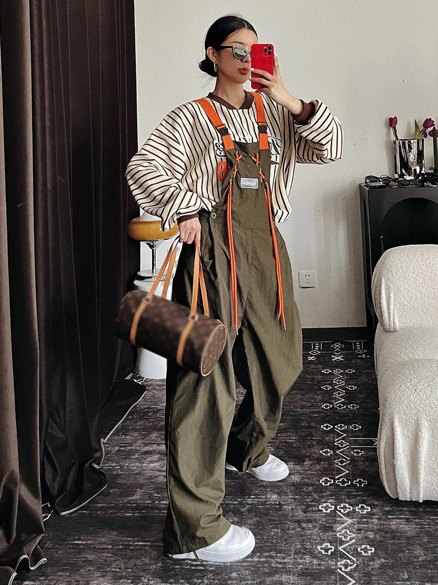 REDDACHiC Contrasting Straps Women Cargo Overalls Patchwork Vintage Y2k Drawstring Casual Wide Leg Bib Pants Jumpsuit Workwear