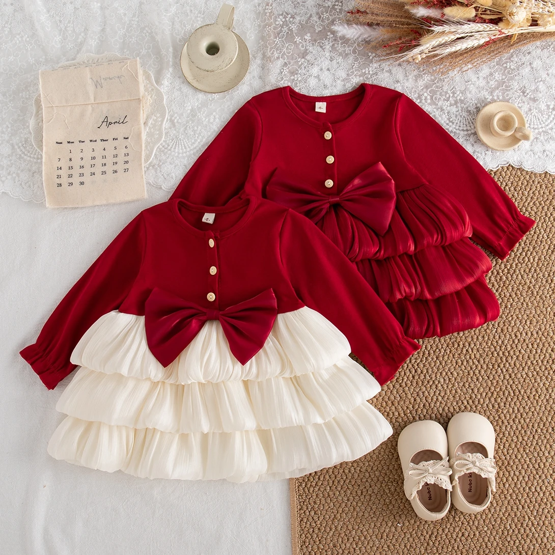 Vestido Rojo Navideño para Bebé Niña, Vestido de Gasa de Manga Larga con Capas, Ropa para Fiesta de Cumpleaños de Bebé