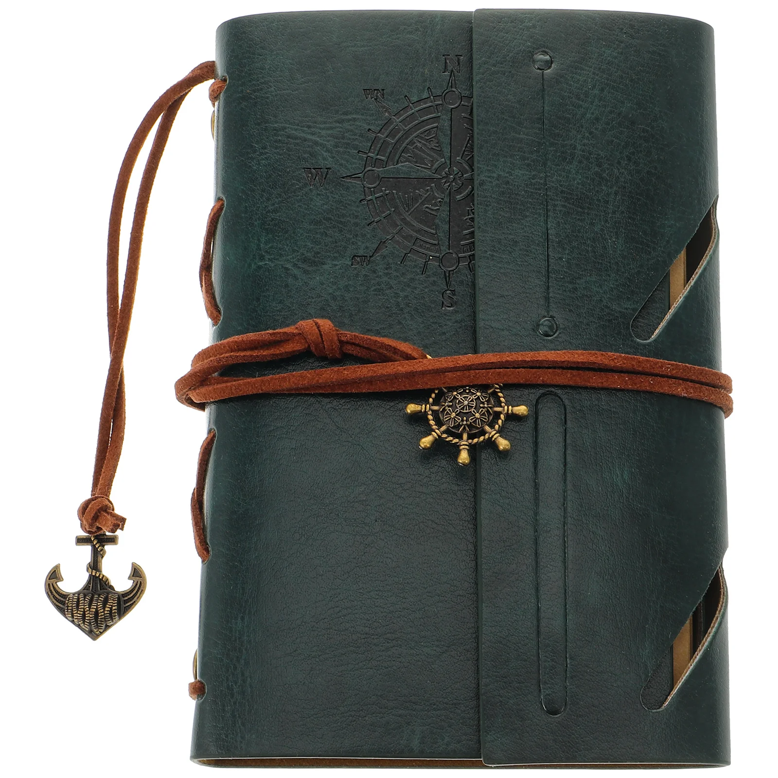 Retro Vintage Pirate Anchor PU Cover Loose-leaf String Bound Blank Notebook Notepad Travel Journal Diary Jotter (Dark Green)