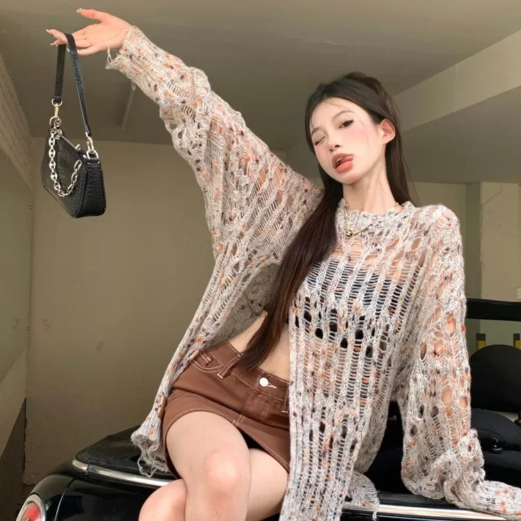 2025 Harajuku Hollow Out Knit Pullovers Tie Dye Broken Hold Sweater Women Vintage Fairycore Grunge Top America Retro Smock