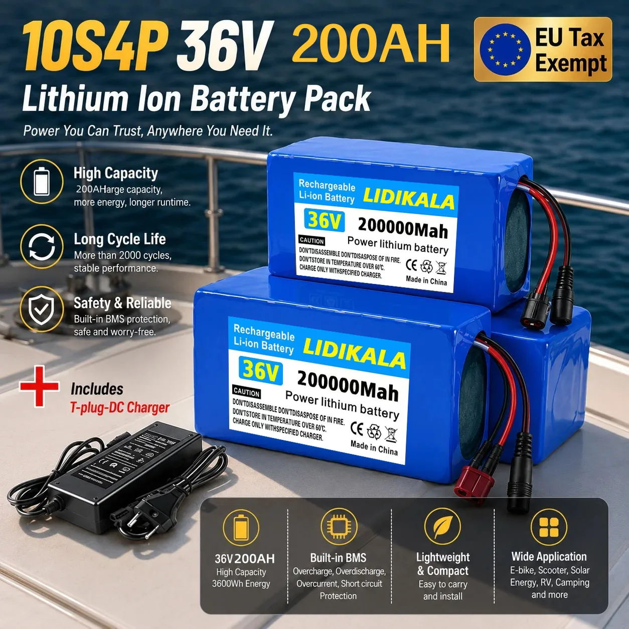 36V 200Ah 200000mAh 10S4P Lithium-Batteriepack mit eingebautem BMS und Ladegerät für E-Bike, Roller, Wohnmobil, Boot, Solaranlage, EU-Steuerbefreiung