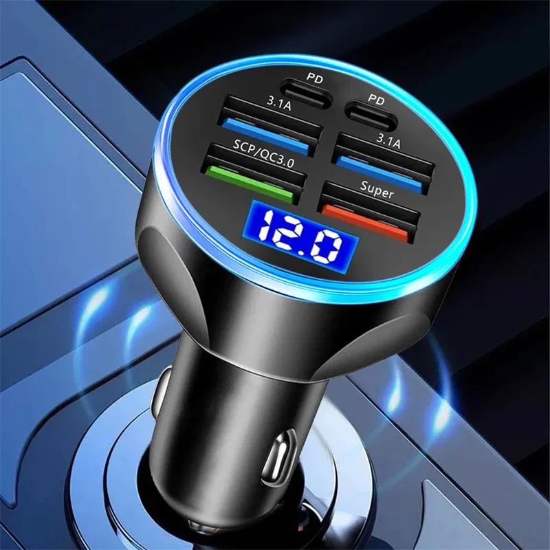 250W PD Car Charger QC3.0 Fast Charge One to Six Car Cigarette Lighter Plug 5 Port Car Charger Flash Charge with Digital Display