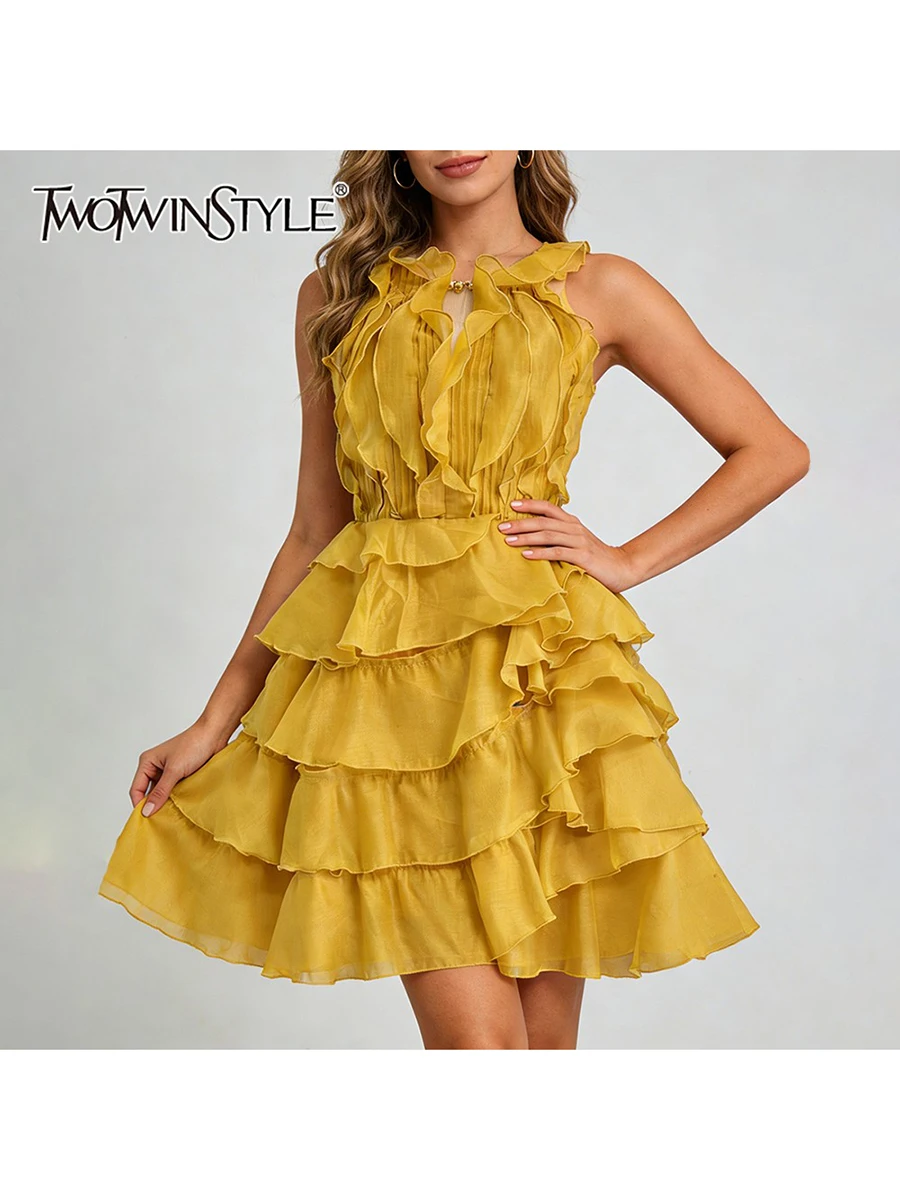 

Модное облегающее мини-платье TWOTWINSTYLE с оборками и вставками для женщин, с круглым вырезом, без рукавов, с завышенной талией, повседневное, новинка