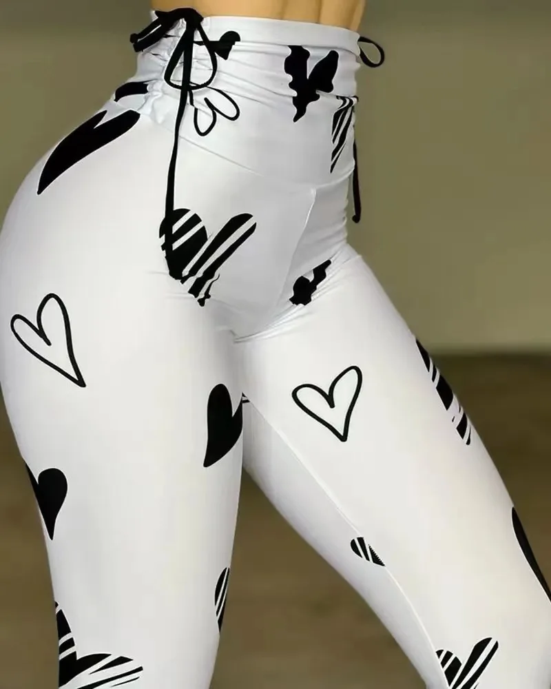 Woman Fashion Tights Pants Summer New Drawstring Printed Yoga Exercise Hip Lifting Fitness Leggings Trousers for Female