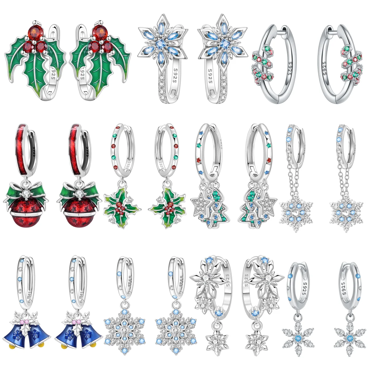 New 925 Sterling Silver Christmas Dangle Earrings Holly Snowflake Bell Design Drop Earring Jewelry Christmas Gift For Women Girl