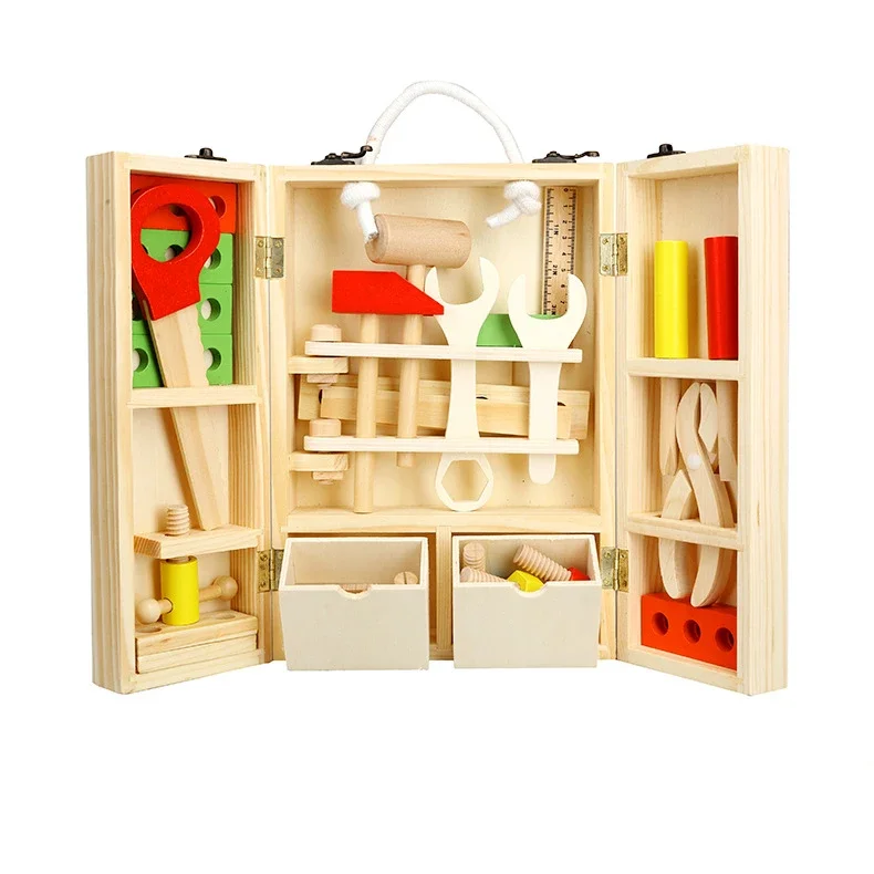 [Funny] Wooden repair tools Child Carpenter Construction Tool Box Boy Pretend Play mechanic maintenance Model Building Kits Toy