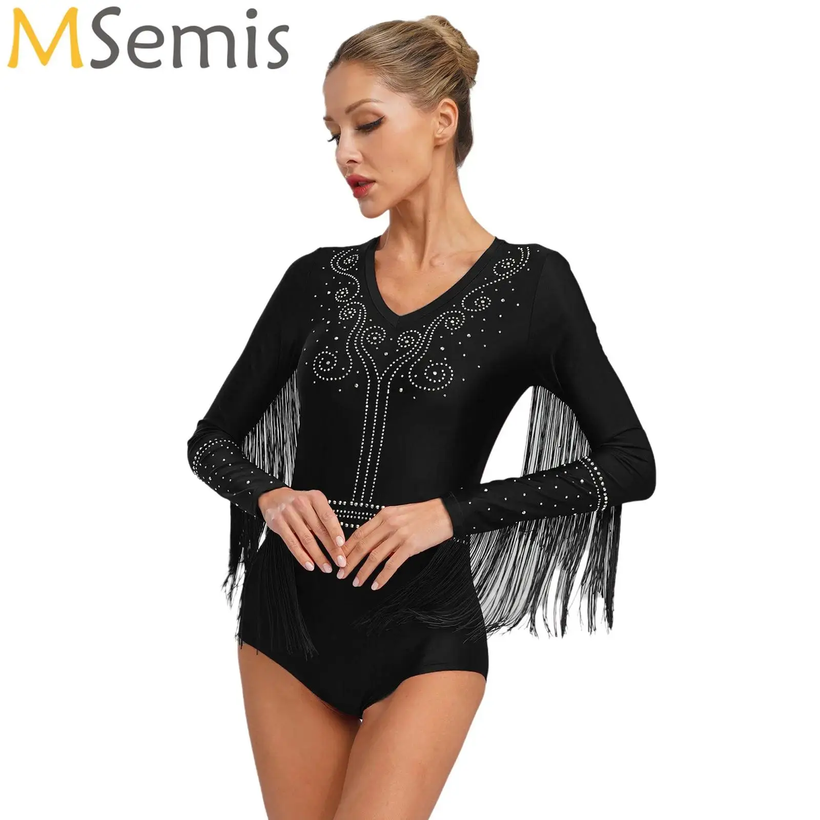 

Women Latin Tango Dance Costume Shiny Rhinestones Tassel Leotard V-Neck Long Sleeve Cutout Back Bodysuit Competition Dancewear