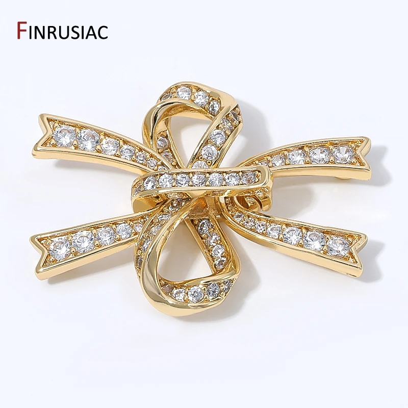 

14K Gold Plated Brass Fastener Lock Closure Clasps,Inlaid Zircon 2-Rows Bow Knot Pearl Connector For DIY Jewelry Accessories
