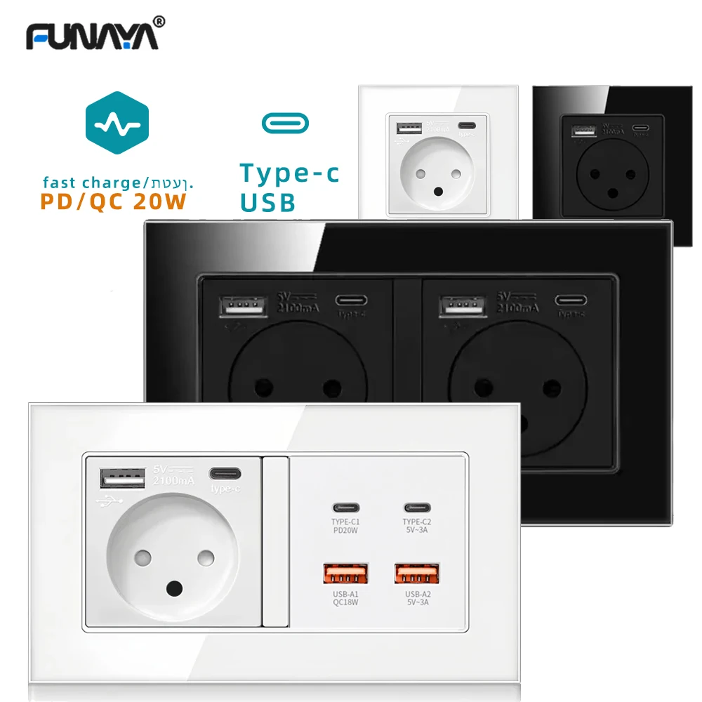 

Israel Wall Socket with USB Type-c Israeli Plug Socket Crystal Glass Panel White Black Electrical Power Outlet for Home 16A
