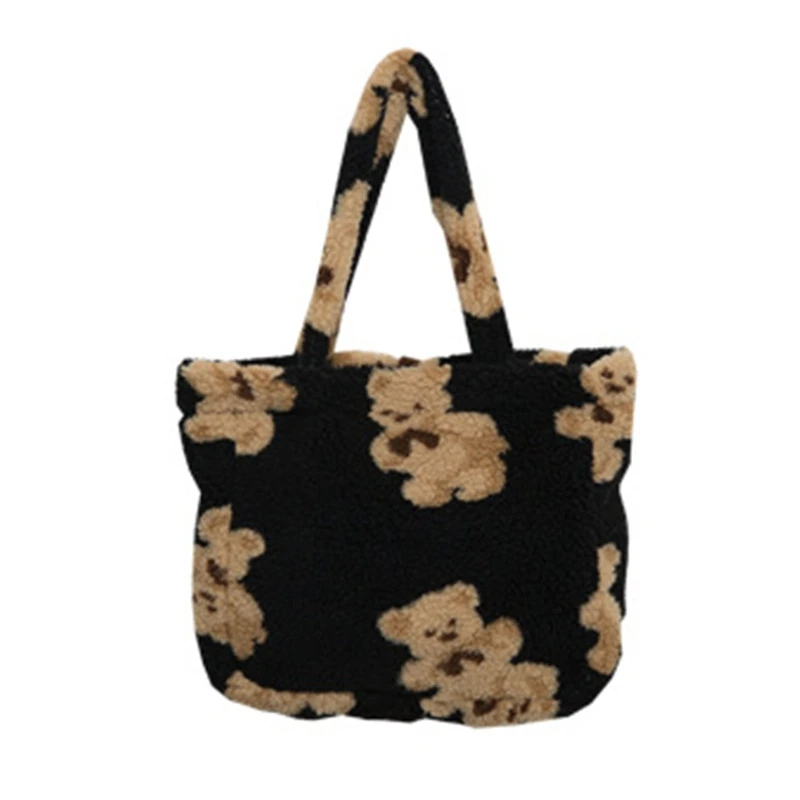 Lamb Like Fabric Shoulder Tote Bag Canvas Fur Bear Handbags Soft Bag