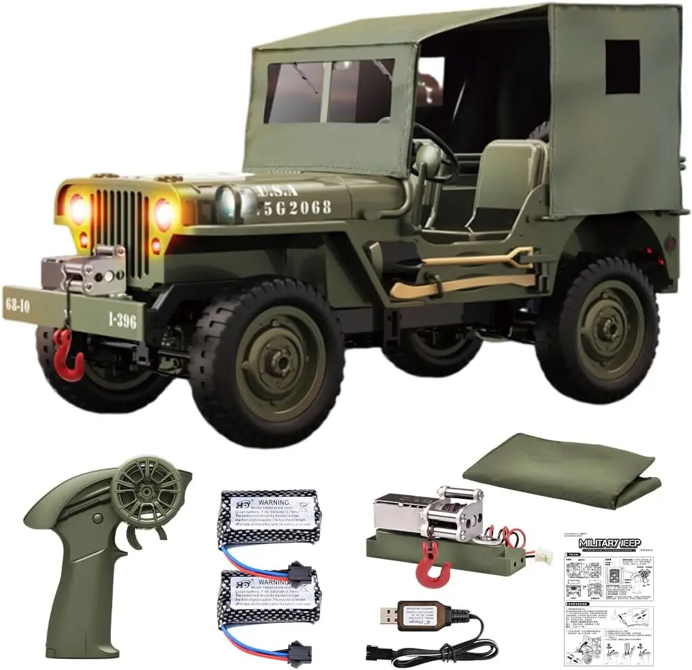 1:10 Remote Control Military Jeep Rock Crawler, 4WD Off-Road Truck with Winch, Canvas Top, 2 Batteries, 2.4G LED Lights, All Terrain Army Climbing Vehicle for Kids & Adults