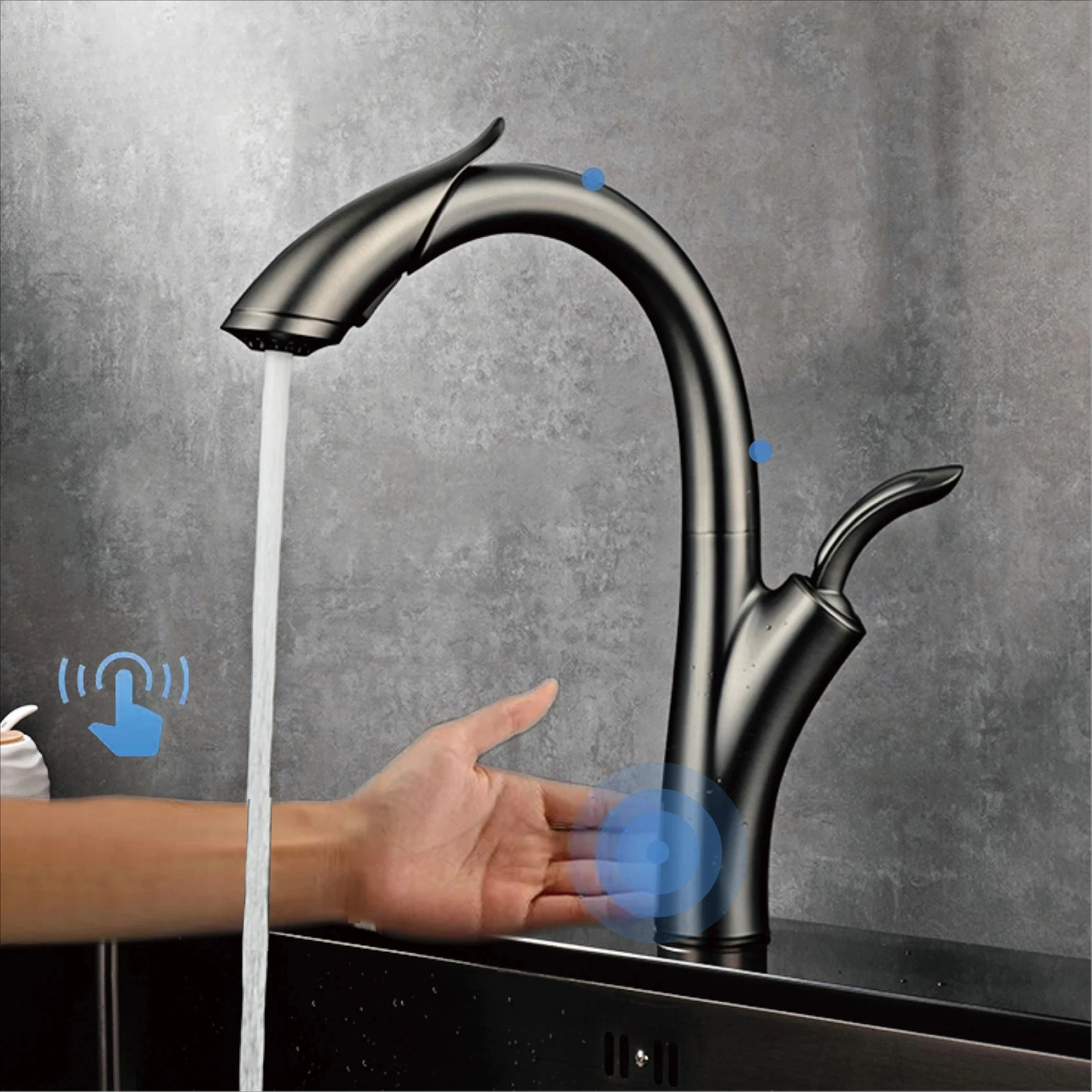 

Luxury Gun Grey Brass Intelligent Touch Switch Kitchen Faucet Pull out Design Cold & Hot Water Modern 2-Function Sink Tap