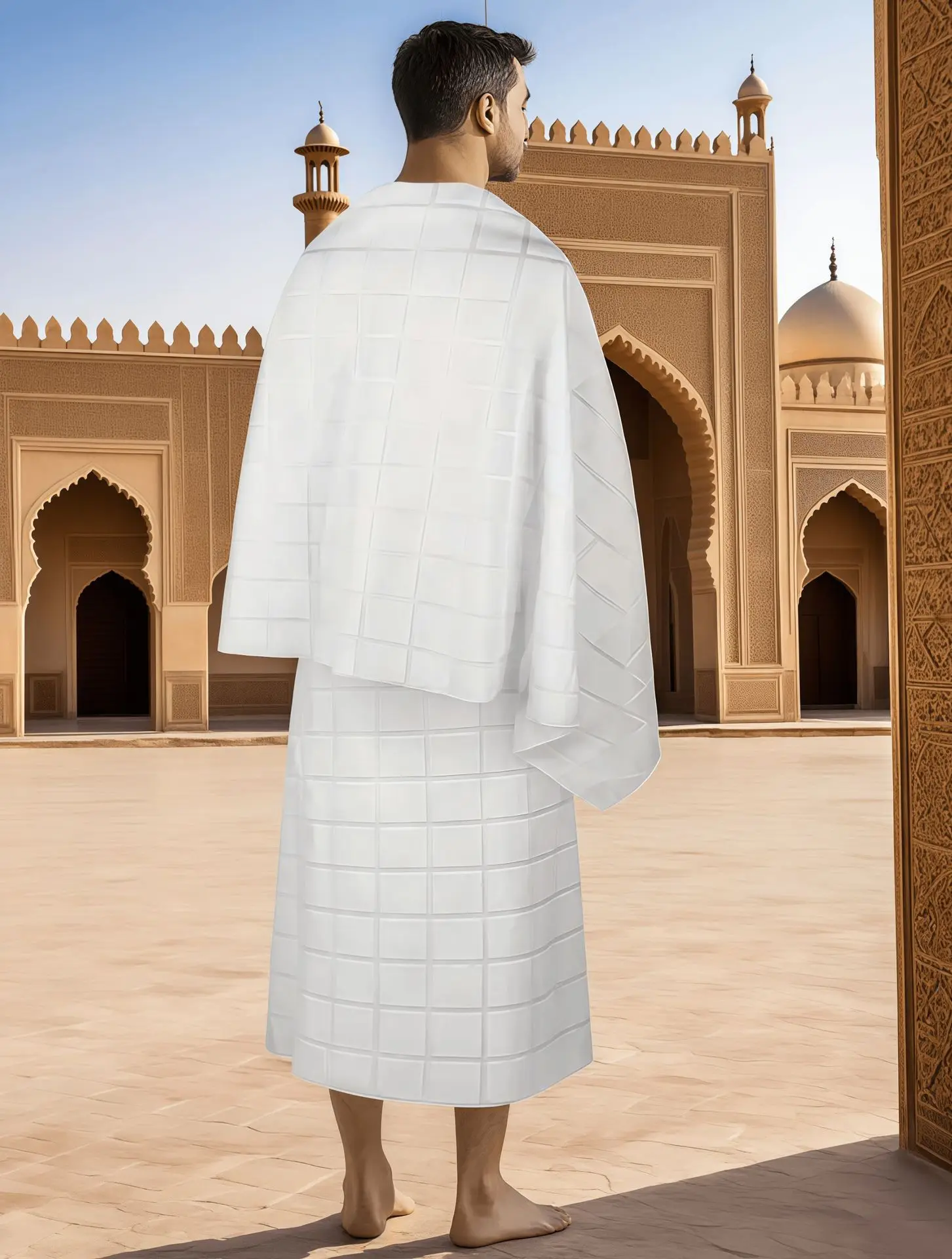Men 3Pcs Ihram Hajj Umrah Set Muslim Pilgrimage Towel Shawl Prayer Beads Bag Islamic Worship Thobe Jubba Arab Pilgrim Clothing