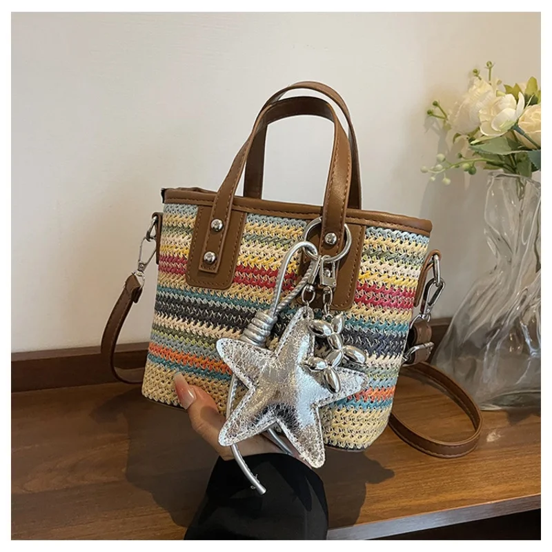 Boho Style Striped Woven Mini Tote Bag Women Retro Vacation Handbag Detachable Strap Crossbody Shoulder Bag view 2