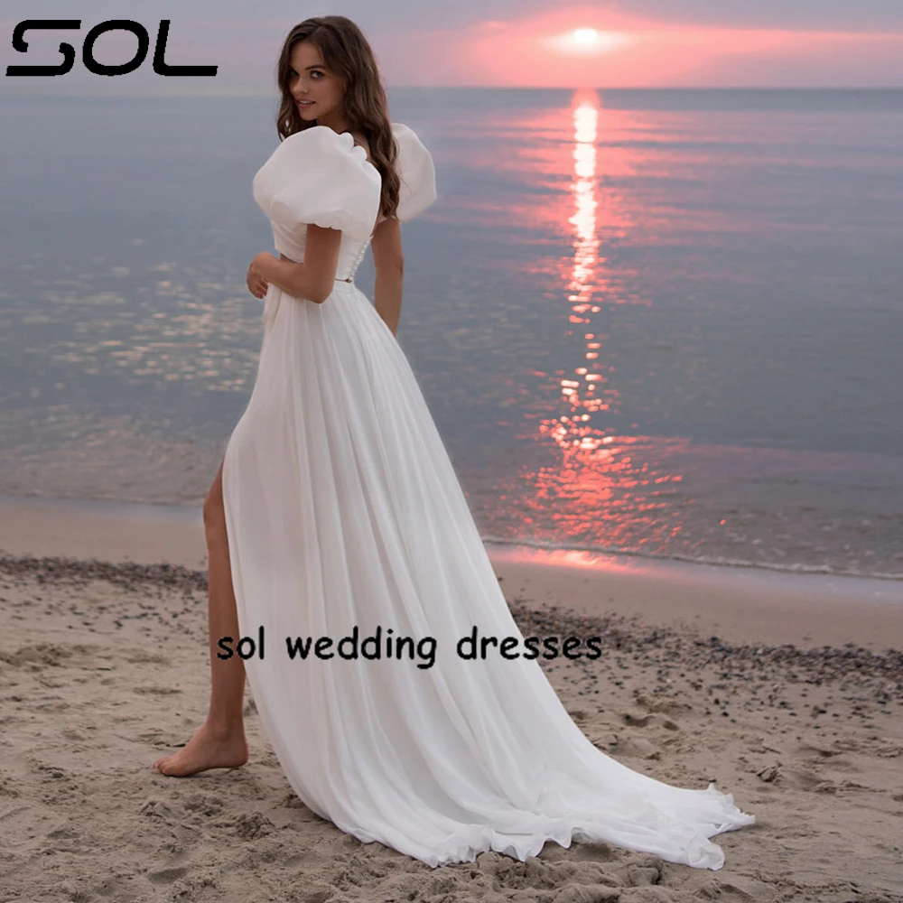 Sol Two Pieces Simple Beach Wedding Dress For Women 2024 Lantern Sleeves Chiffon Bridal Gown High Slit Vestido De Novia