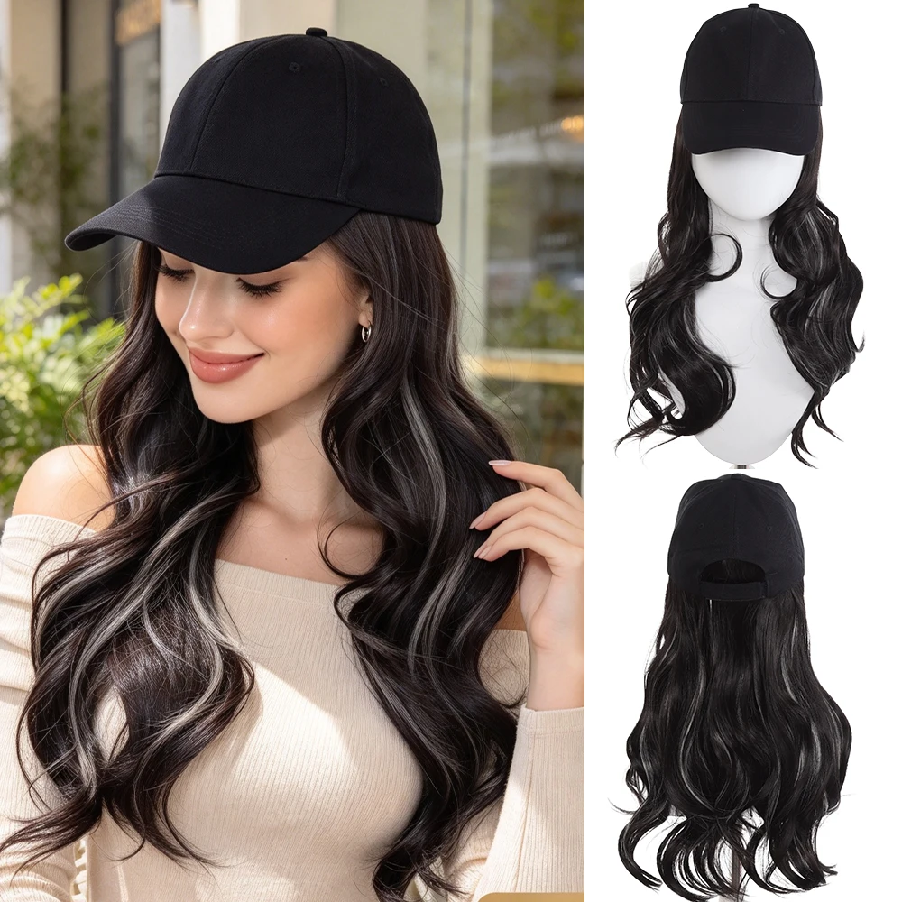 Synthetic long wavy baseball cap with hair extension hair integrate cap hat for women girl daily hair style wig