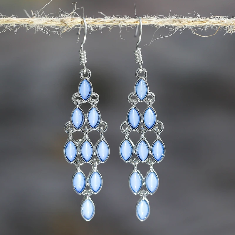 Vintage Gorgeous Pink Blue Opal Stone Long Tassel Earrings Ladies Charms Jewelry Leaves Resin Moonstone Dangle Earrings Gift