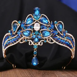 KMVEXO Baroque Waterdrop Forehead Crystal AB Teal Bridal Crowns Wedding Hair Dress Accessories Diadem Veil Tiaras Head Jewelry