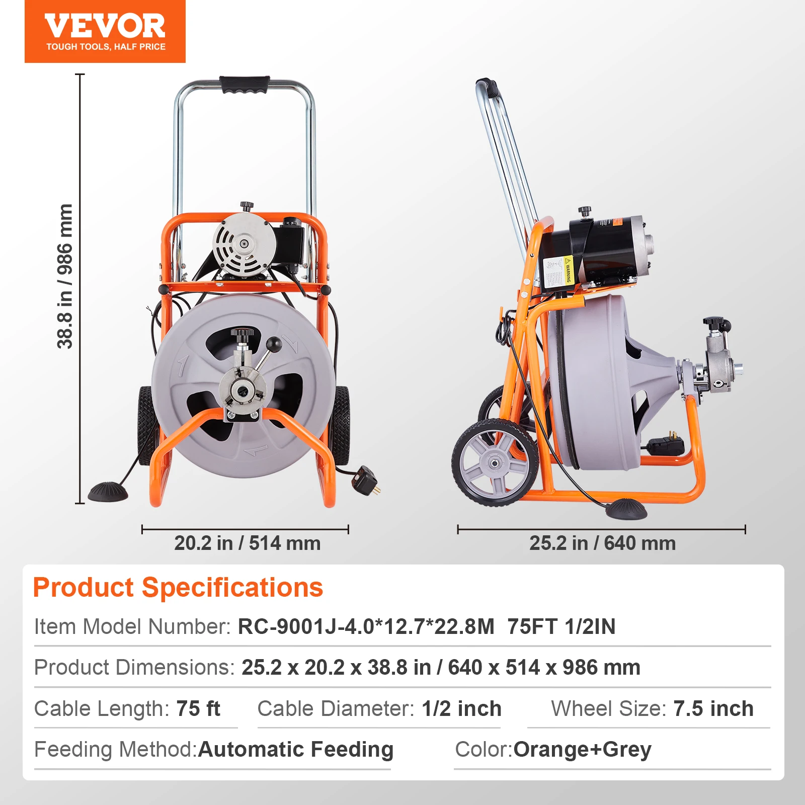 SucceBuy 1/2 Inch Afvoerreiniger Machine 75FT/100FT Auto Feed Riool Slang Afvoer Vijzel met Wielen Draagbare Afvoer Reinigingsmachine