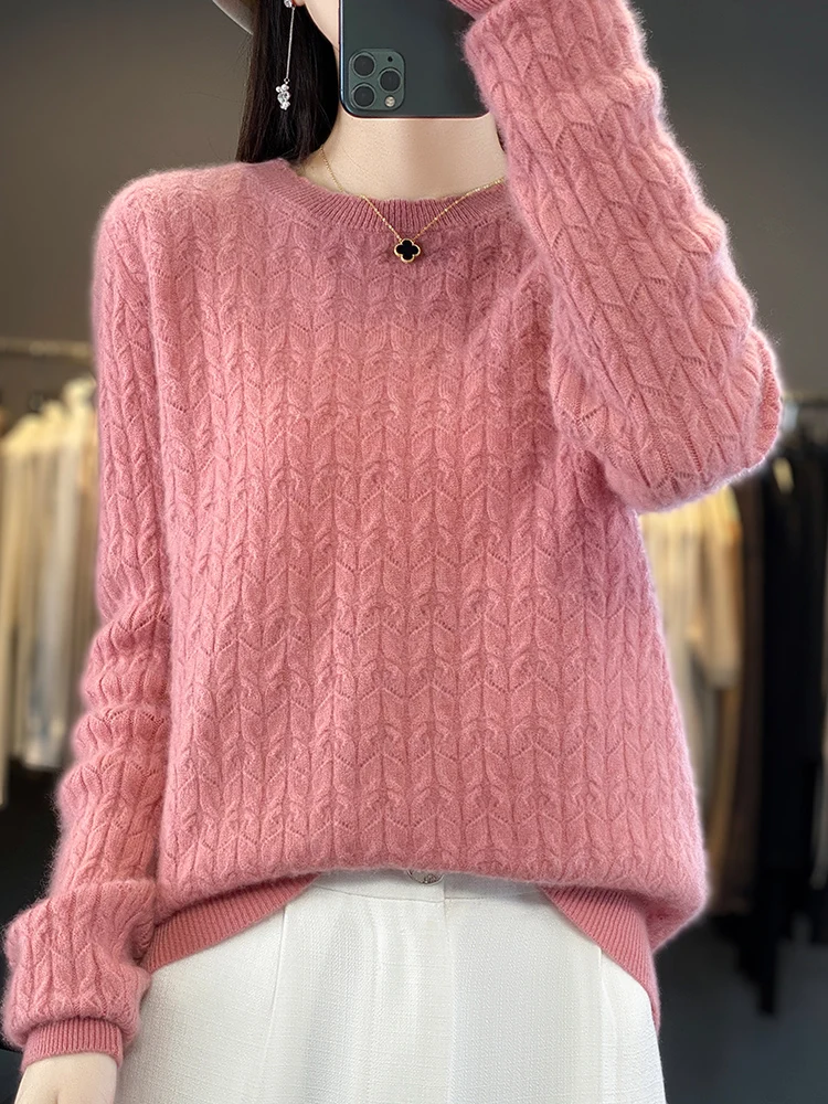 Women Autumn Winter Pullovers 100% Merino Wool Sweater O-Neck Hollow Long Sleeves Casual Cashmere Knitwer Korean Fashion Tops