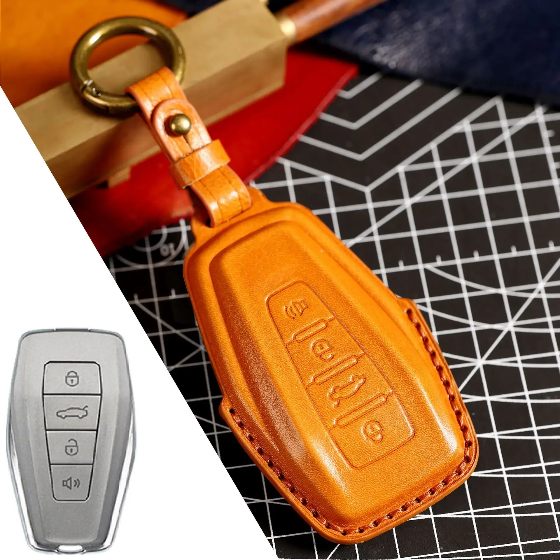 FOR Geely Key Case Leather Handstitched 3D Full Cover Scratch Resistant w/ Key Ring Fits Coolray Azkarra Emgrand Geometry C