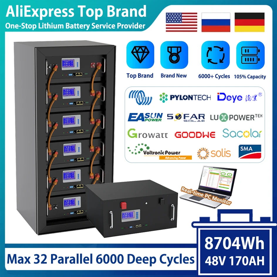 

6000 Cycles 48V 170Ah 8704Wh LiFePO4 Battery Pack 16S 200A BMS CAN RS485 PC Monitor Lithium Inverter Battery 10Years Warranty