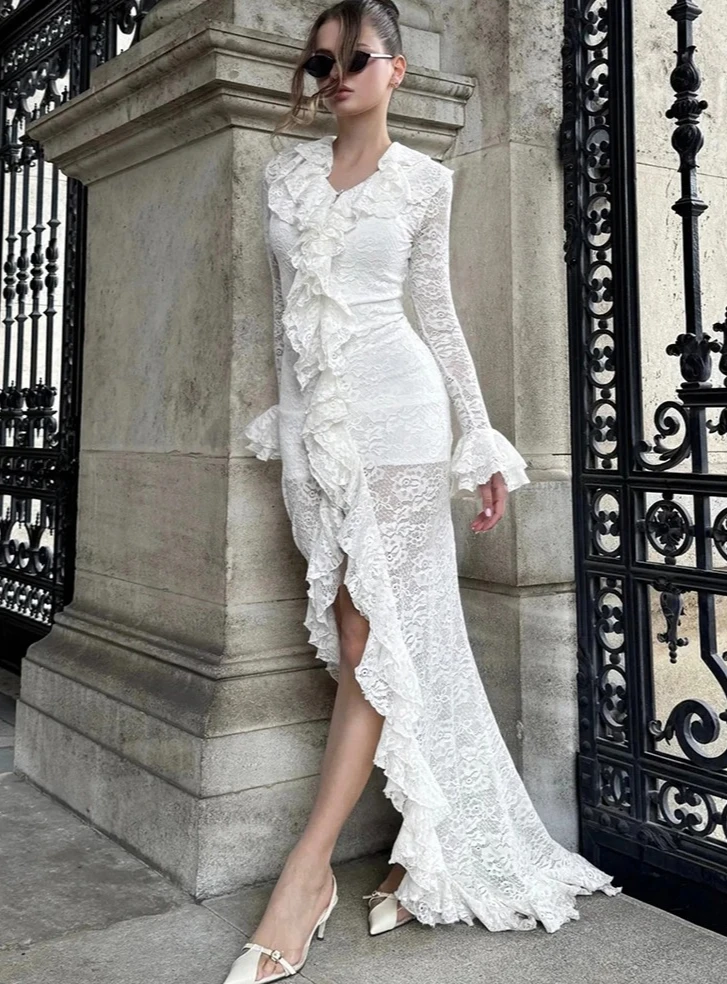 Kant gestapelde vrouwen maxi-jurken romantische Franse volledige mouw ruche hals split bodycon vrouwelijke sexy pure trend vestidos