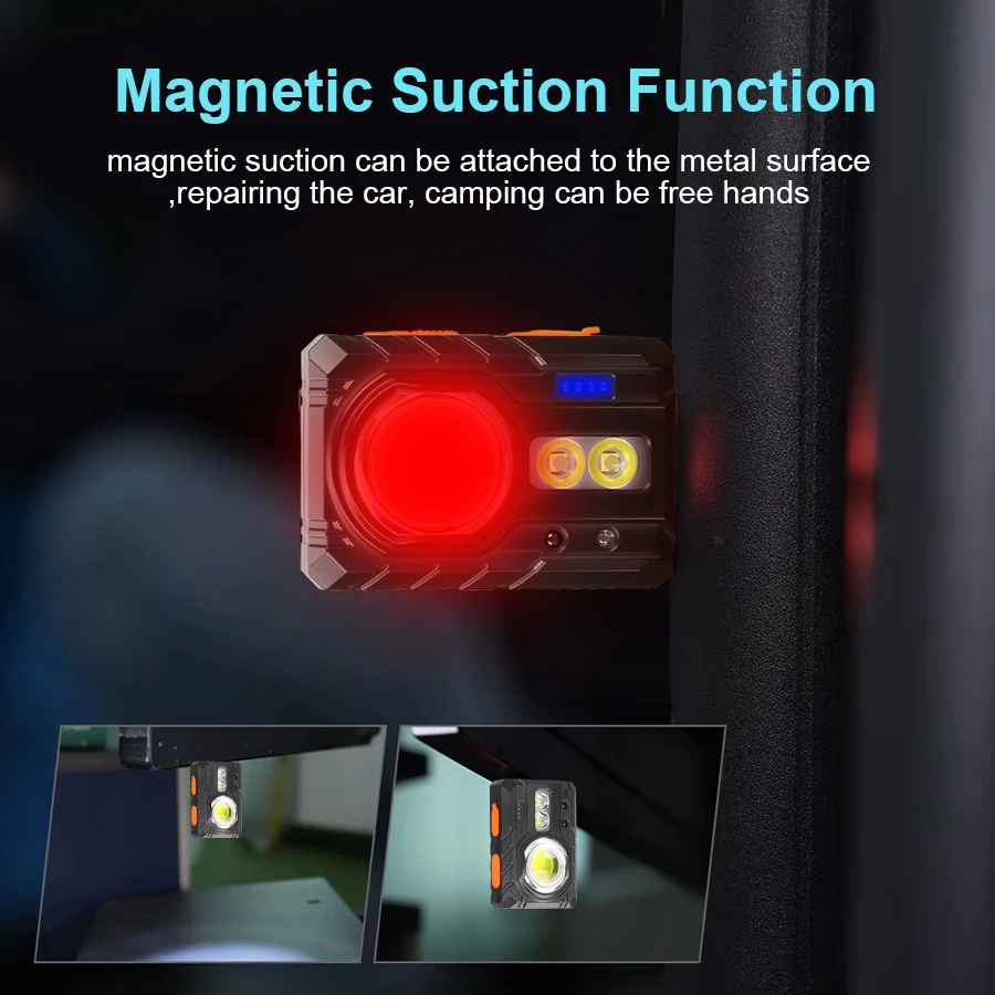1000 MAH Powerful Portable Intelligent Work Light Red Warning Lamp Rechargeable Magnet Flashlight with Hat Clip Outdoor Running