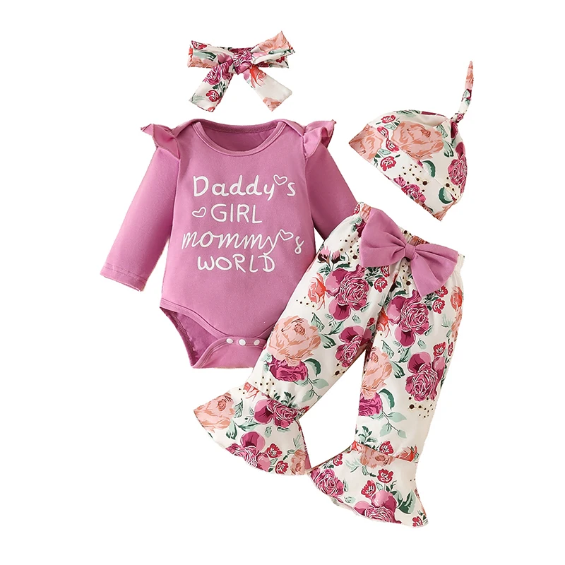 

Newborn Baby Girl Clothing Long Sleeved Letter Onesies Printing Flower Bell Bottoms Hair Band Hat 0-18 Months Baby Set