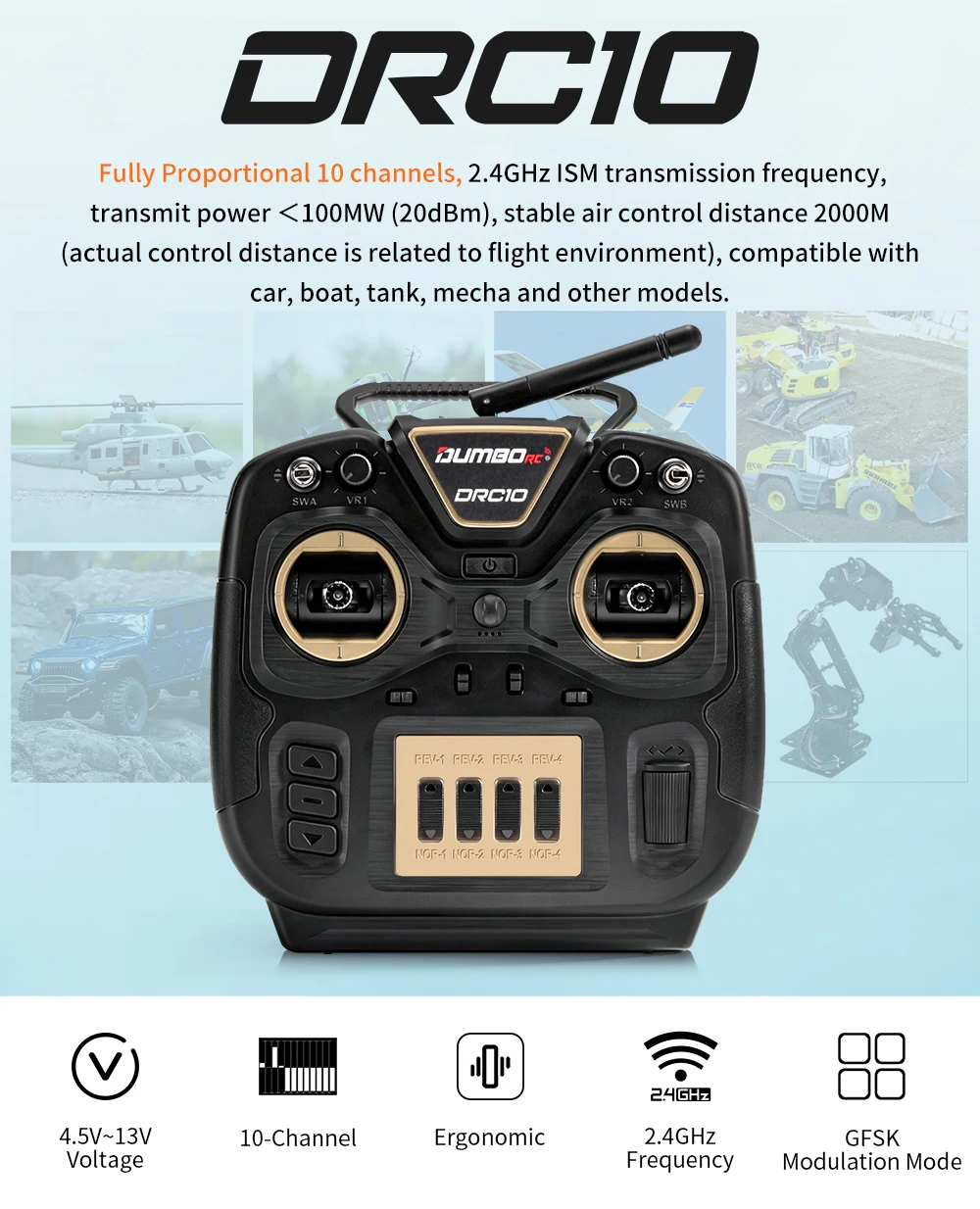DumboRC DRC10 Radio 10CH 2000M PWM PPM SBUS Simulator Support for RC Car Boat Tank Plane