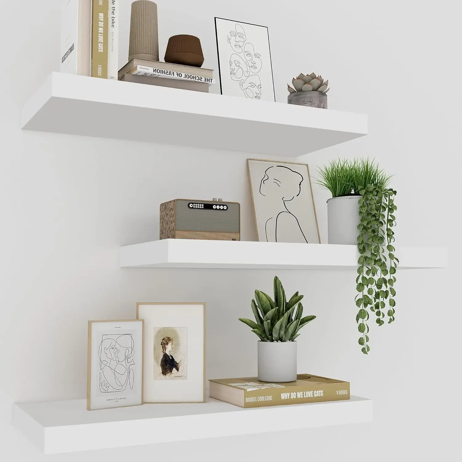 

Set of 3 White Floating Shelves for Wall, 16-inch Home Decor Display Shelves for Living Room, Bedroom, Bathroom