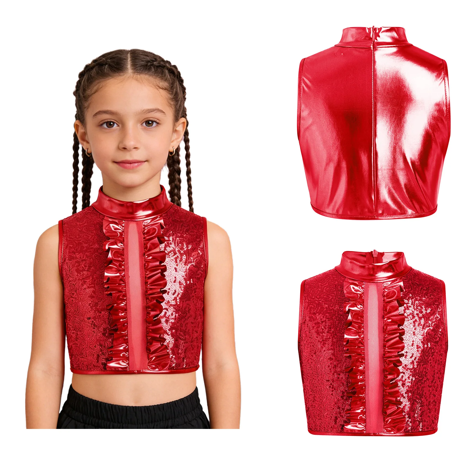 Girls Hip Hop Jazz Street Dance Performance Costume Metallic Shiny Sequin Zipper Ruffle Mesh Vest Crop Top School Show Dancewear
