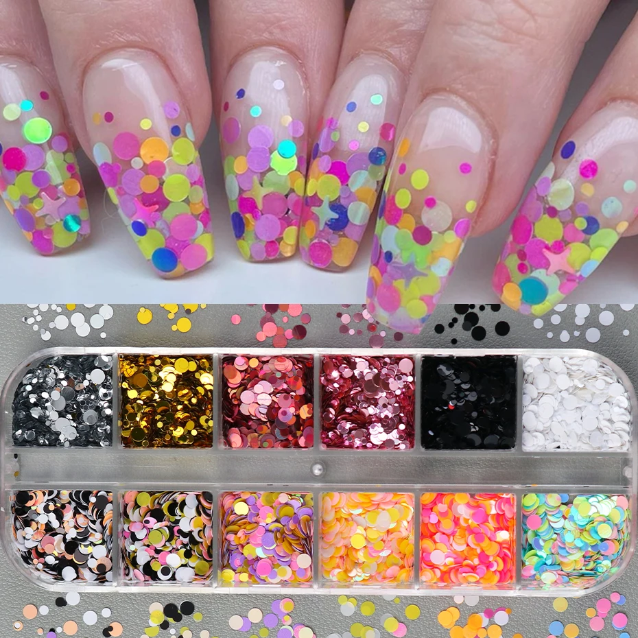 12 Grids Glitter Polka Dots Nail Sequins Y2K Laser Effect Multi-sized Circle Dots Nail Flakes DIY Sparkling Dots Nail Charms