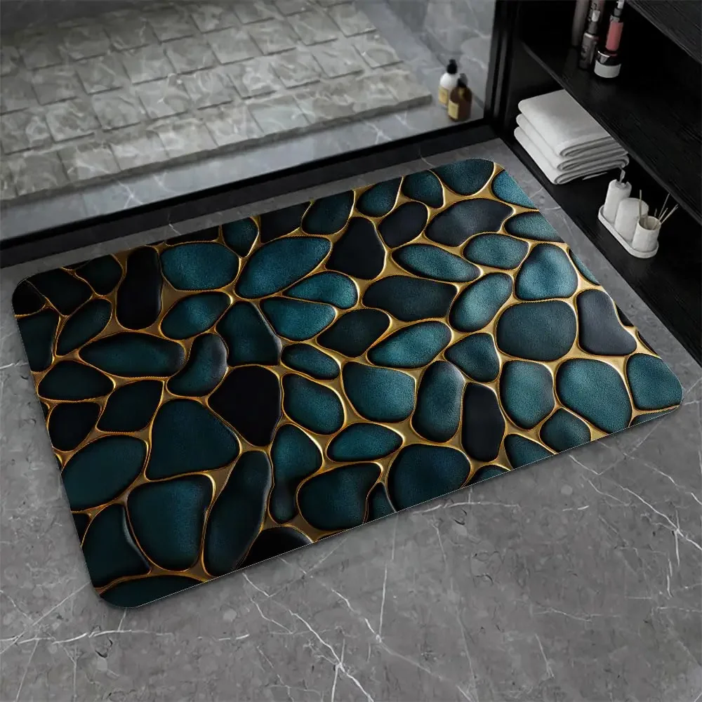 3D Stone Diatomaceous Earth Bath Mat Blue and Gold Stones Non-Slip Volume Super Absorbent Fast Drying for Bathroom Kitchen Mat