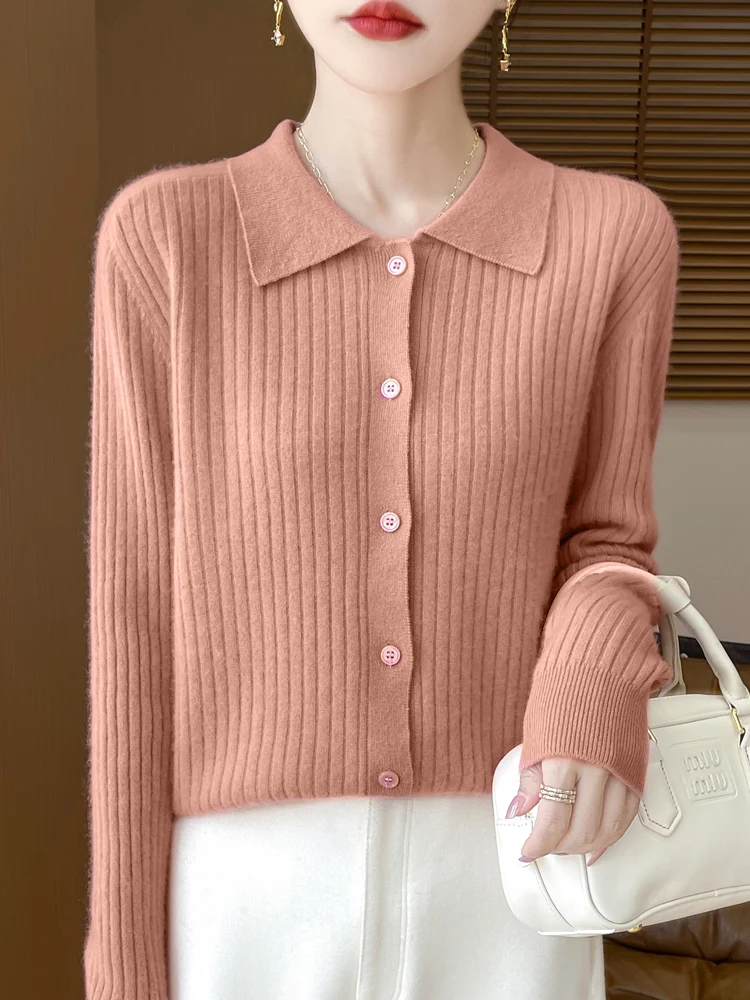 2024 Fashion Women Wool Cardigan Autumn Winter Turn Down Collar Long Sleeve Cashmere Sweater 100% Merino Wool Knitwear Korean