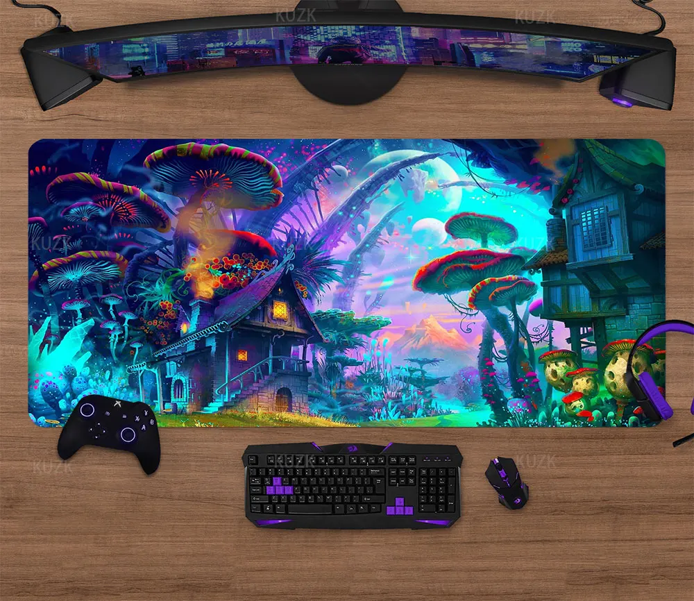 Psychedelic Art Desk Mat, Magic Mushrooms Mouse Pad, Fantasy Art Anime Gaming Mousepad, Gamer Desk Mat Xxl Keyboard Pad Mice Pad