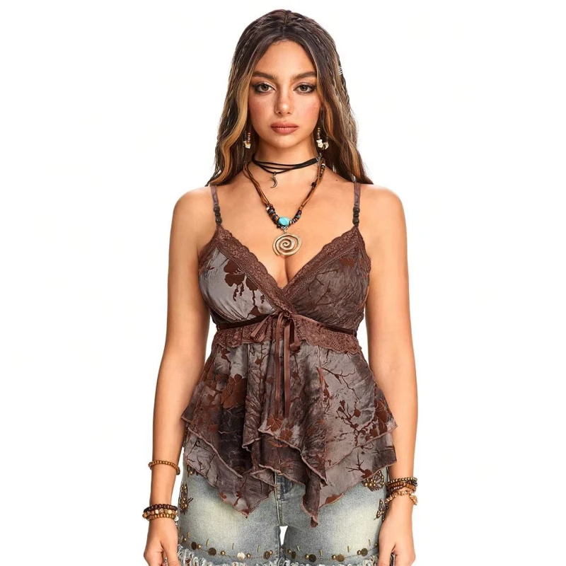 Ästhetisches Retro-Blumen-Neckholder-Top mit Spitze, V-Ausschnitt, Taillenriemen und unregelmäßigem Lotusblatt-Saum – Alltags-Freizeit-Top für Damen