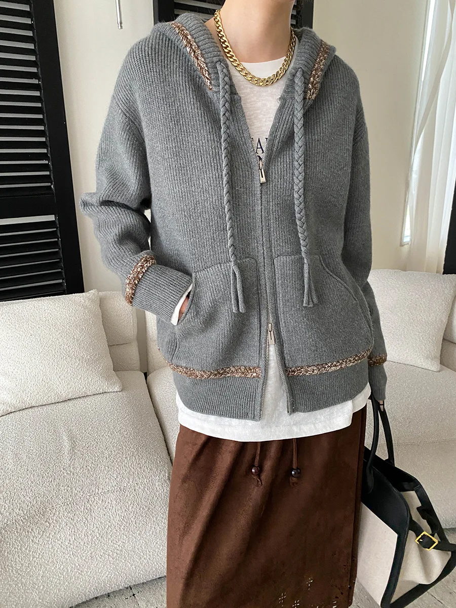 Autumn New Slouchy Fried Dough Twists Drawstring Hooded Zipper Contrast Knit Cardigan