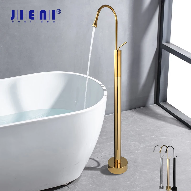 

JIENI Gold Freestanding Bathtub Faucet High Flow Stream Floor Mounted Bath Filler Tub Faucet Water Droplet Shaped Shower Sets