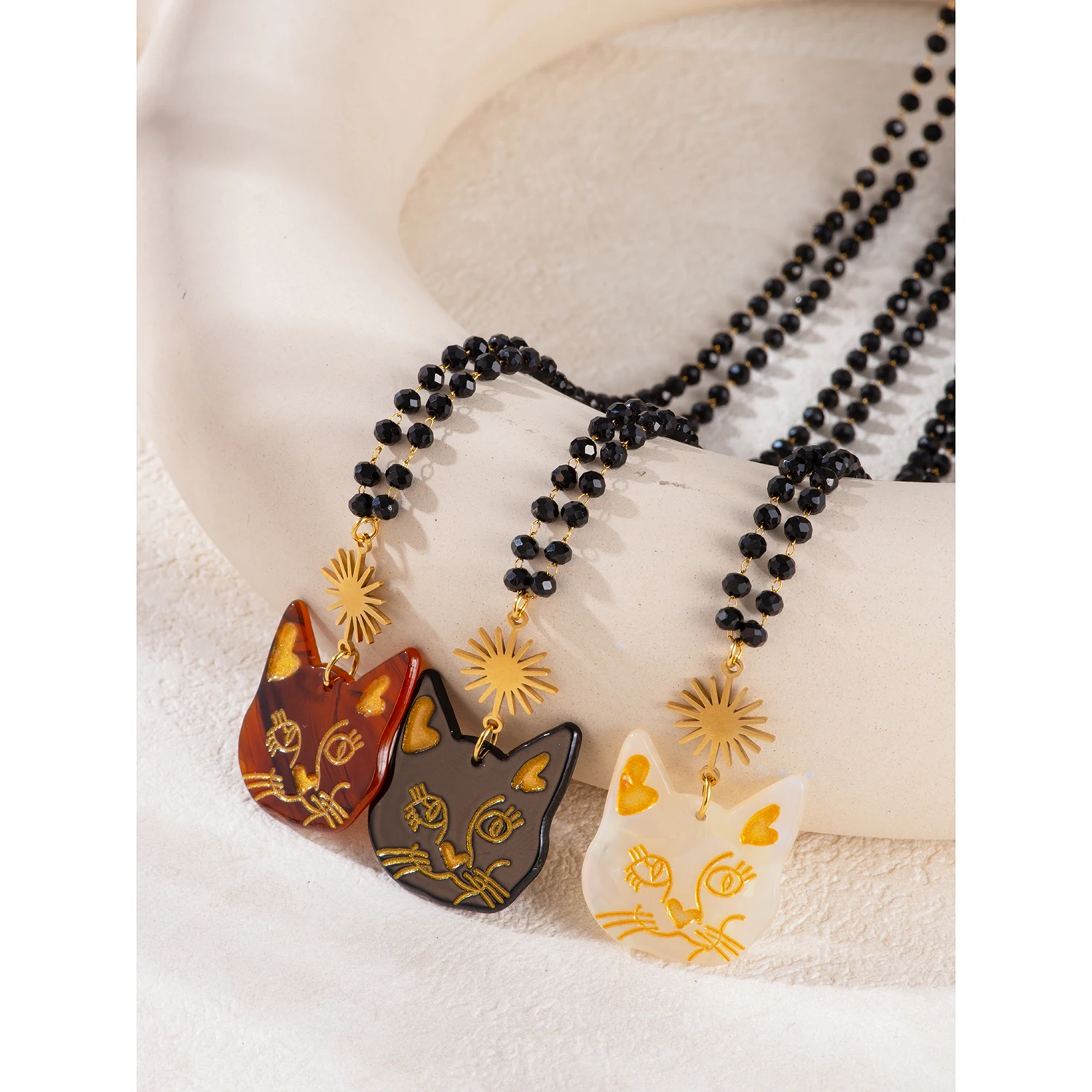 Cute Cat Pendant Necklace, Acrylic Charm Long Chain for Women, Fall Winter Statement Stainless Steel Jewelry