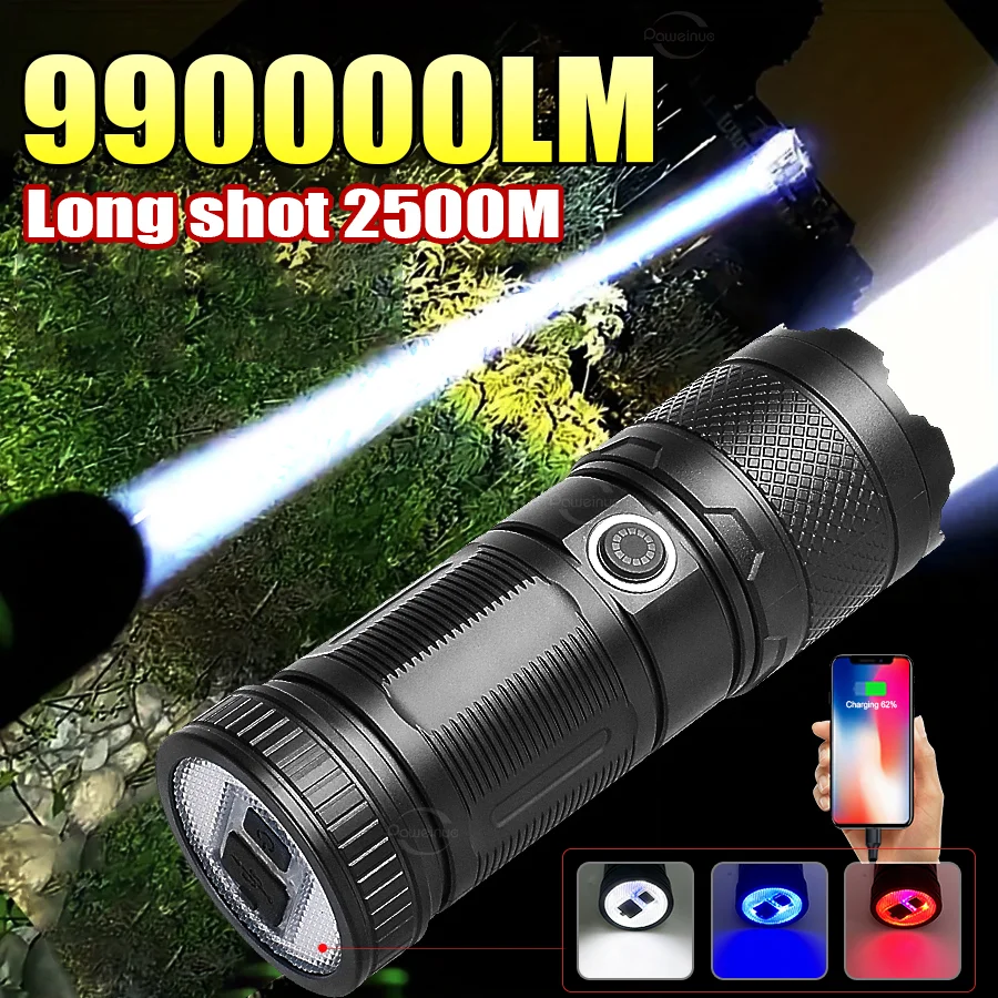 2024 Ultra Bright Tactical Flashlight Rechargeable USB High Power LED Flashlights Powerful Long Range Zoom Torch Fishing Hunting