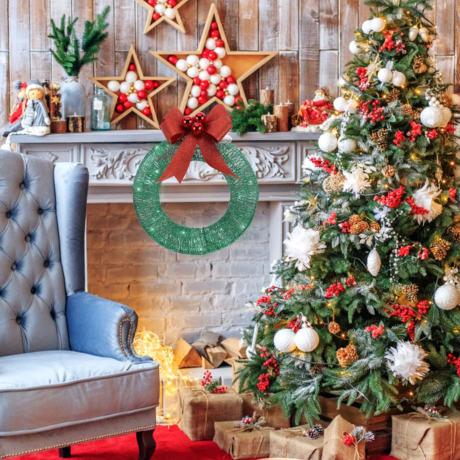 

1pc LED Pre-Lit Christmas Wreath with Luminous Red Bowknot Metal Plastic Light Up Holiday Door Decor Festive Porch Garland