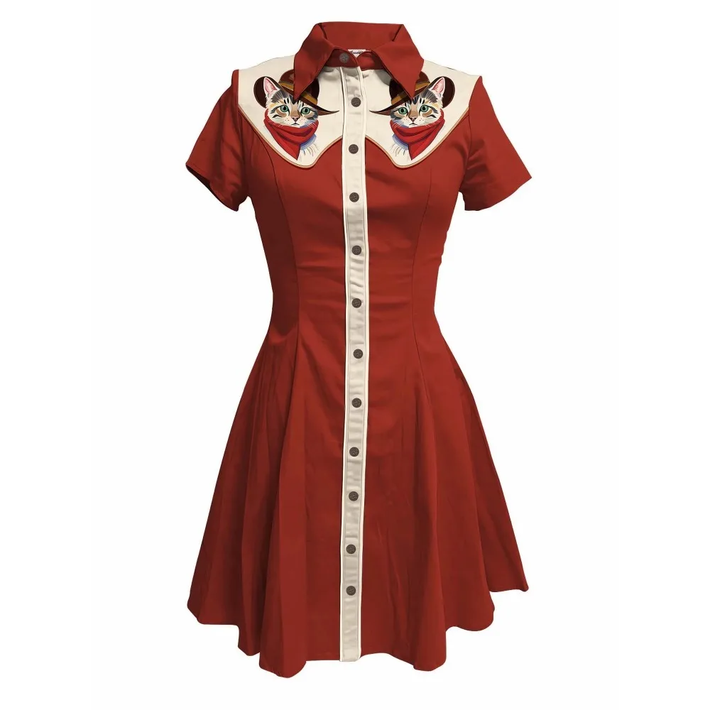 

Western Cute Cat Cowboy Printed Dress Women Sexy Button-down Dress Short Sleeves 100% Cotton Dress Colorful Summer Streetwear