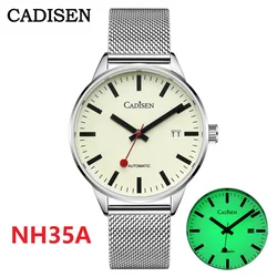 CADISEN Automatische Uhr Männer Leuchtende Edelstahl Selbst Wind Armbanduhr NH35A Saphir Wasserdicht Mesh Gürtel Mechanische Uhr