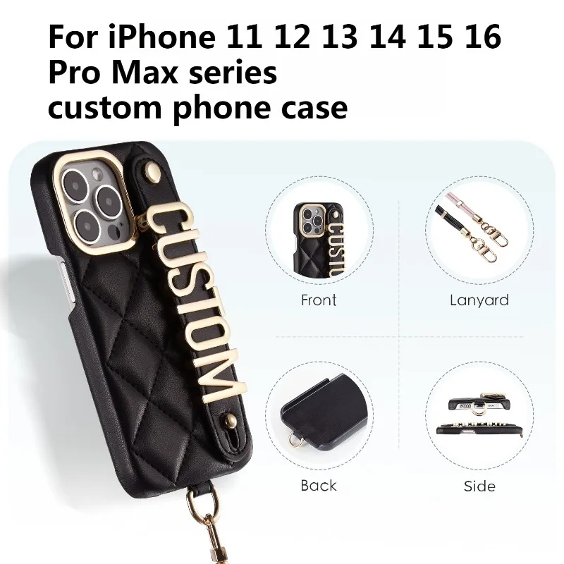 

Luxury Rhomb Leather Custom Name Holder Personalized Lanyard Cover Letter Phone Case for IPhone 11 12 13 14 15 16 Pro Max Series