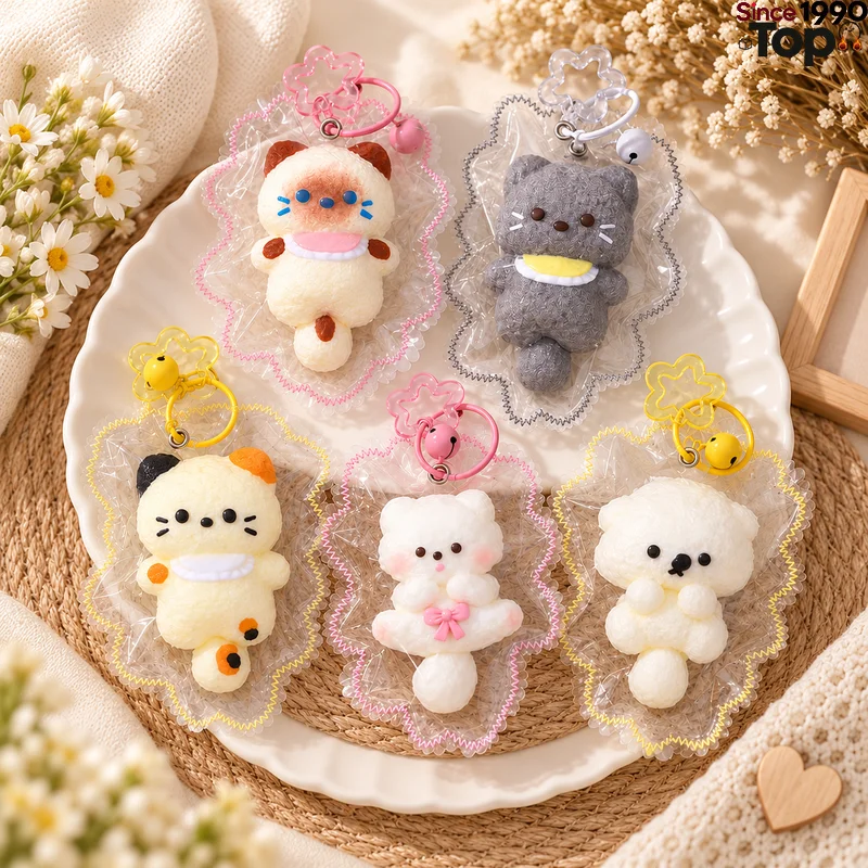 Fluffy Siamese Cat Calico Cat Squishy Squeeze Toys Food Grade Silicone Slow Rebound Stress Relief Keychain Pendant For Adults